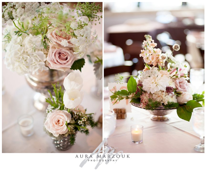 Pink rose and white hydrangea vintage centerpieces. © Aura Marzouk Photography, Greensboro Wedding Photographer