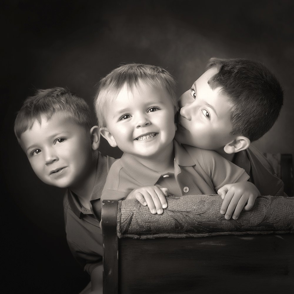Black and white portrait of three brothers taken by San Antonio Children's Portrait Photographer