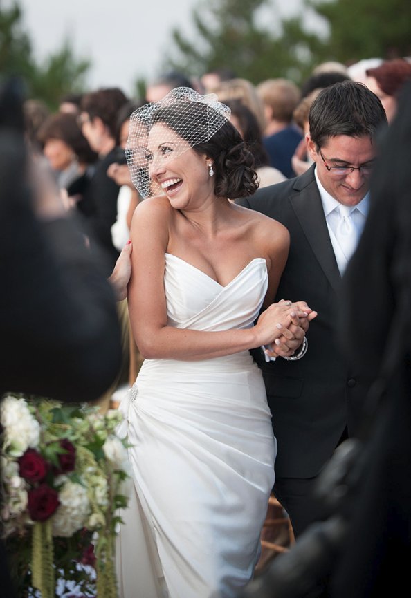 Happy Hollywood Bride in antique birdcage wedding veil