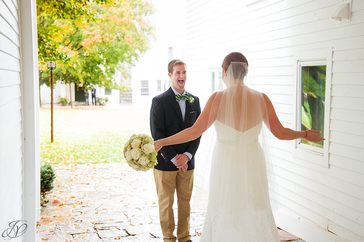 fun first look moment between bride and groom