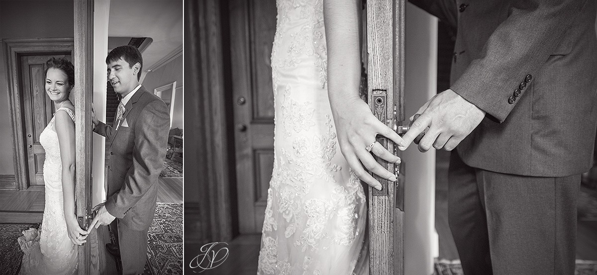 emotional photo of bride and groom on opposite sides of a door