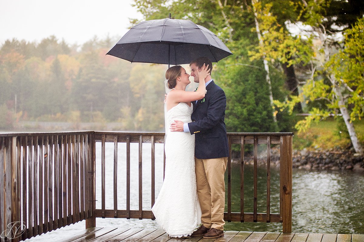 sweet photo of bride and groom in the rain