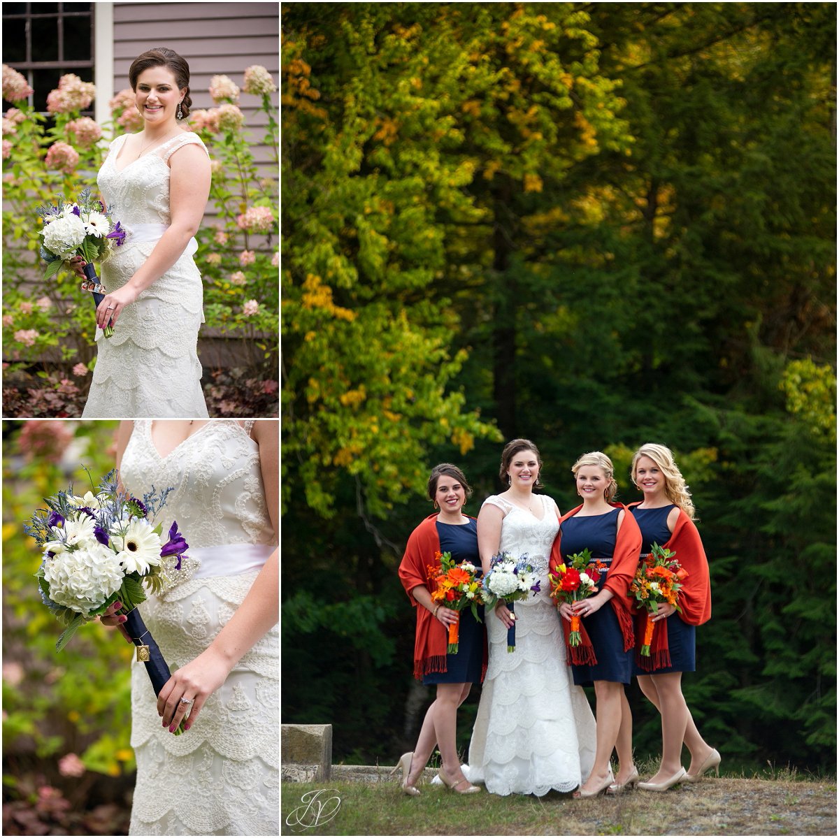 bridesmaids in dark blue fall bridal portraits