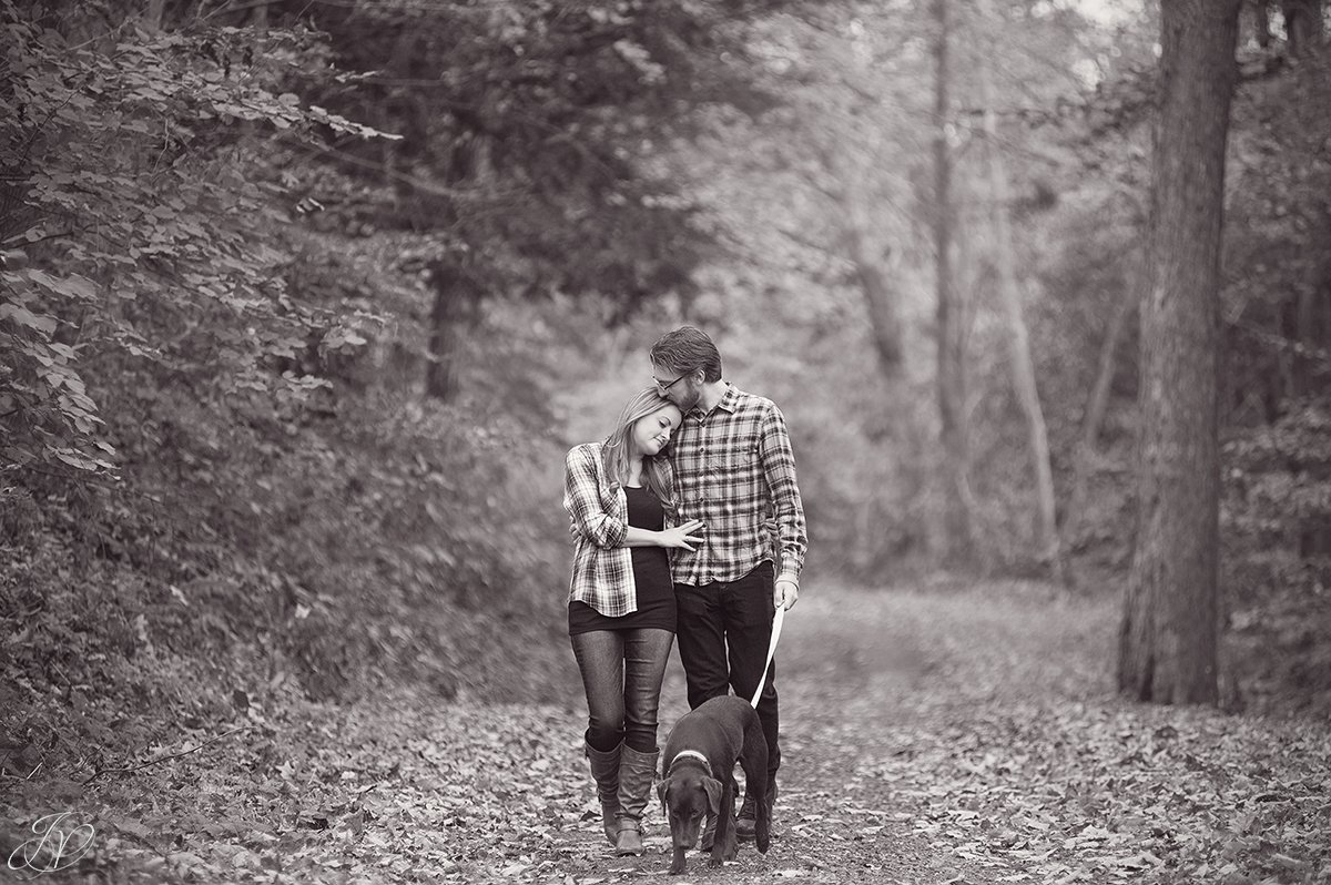 romantic fall engagement pictures with dog black and white