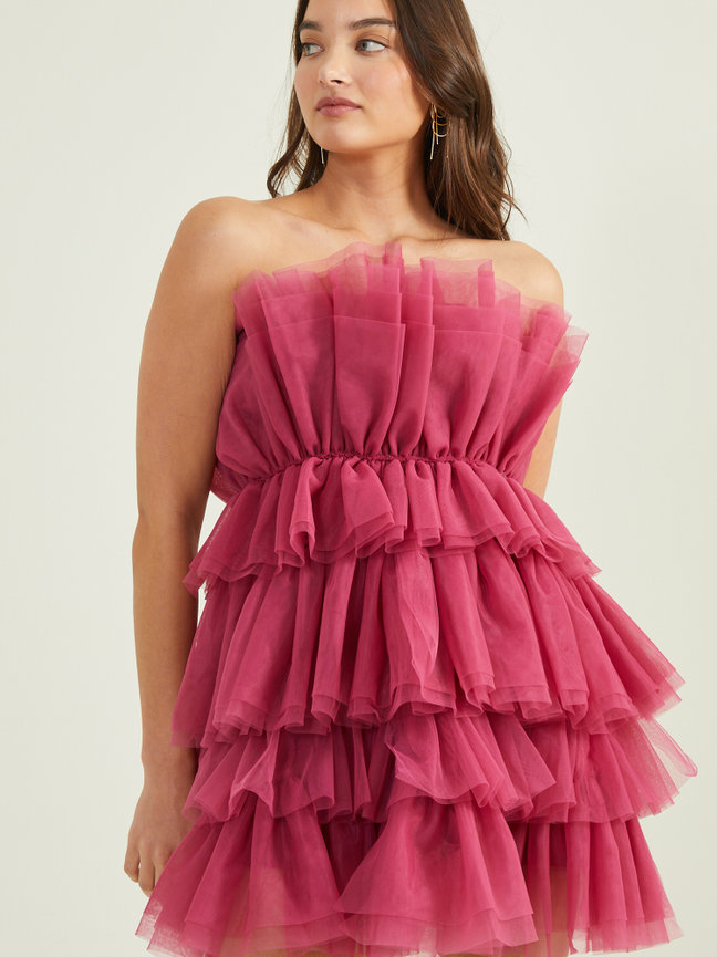 open lace back dress Eliza Dark Pink Plunge Neck Layered Tulle Maxi Gown main image 0