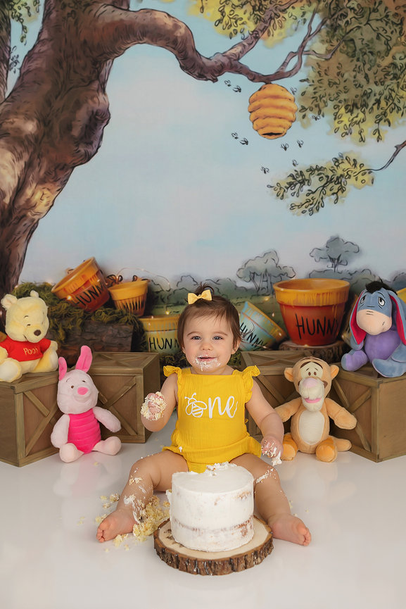 A baby in a yellow outfit with cake sits among Winnie the Pooh-themed toys and a backdrop featuring a tree and honey pots.