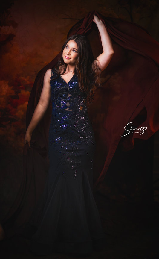 Editorial fine art senior portrait in dramatic luxury gown by Master Photographer Ty Swartz of Swartz Portraits in The Woodlands, Texas