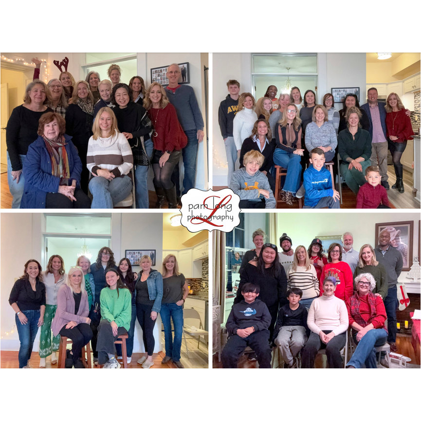 Collage of four group photos showing people posing indoors in a room