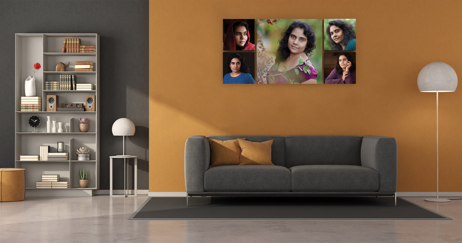 Personal portrait wall art collection displayed above a sofa, featuring a curated series of a woman’s portraits that highlight presence, beauty, and confidence in a cohesive, modern arrangement.