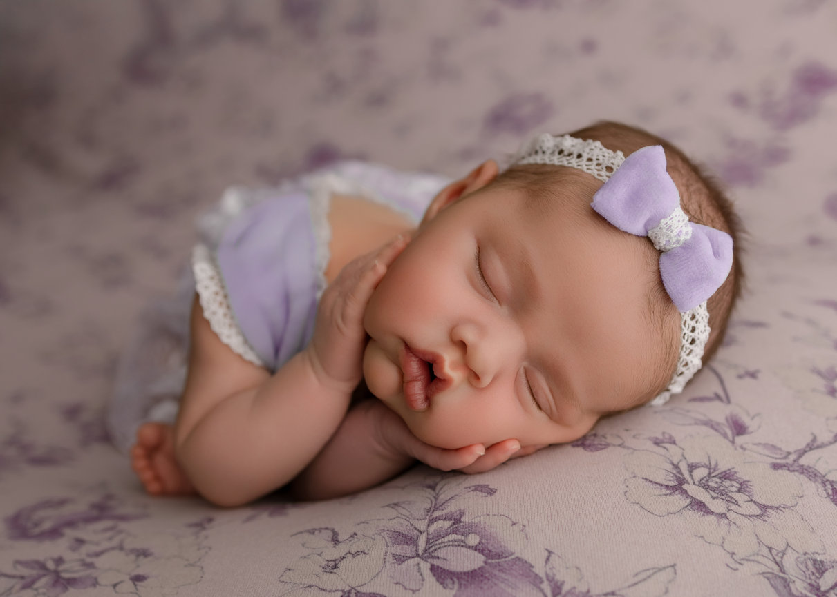 Sleeping newborn baby wearing a lavender headband on a floral blanket