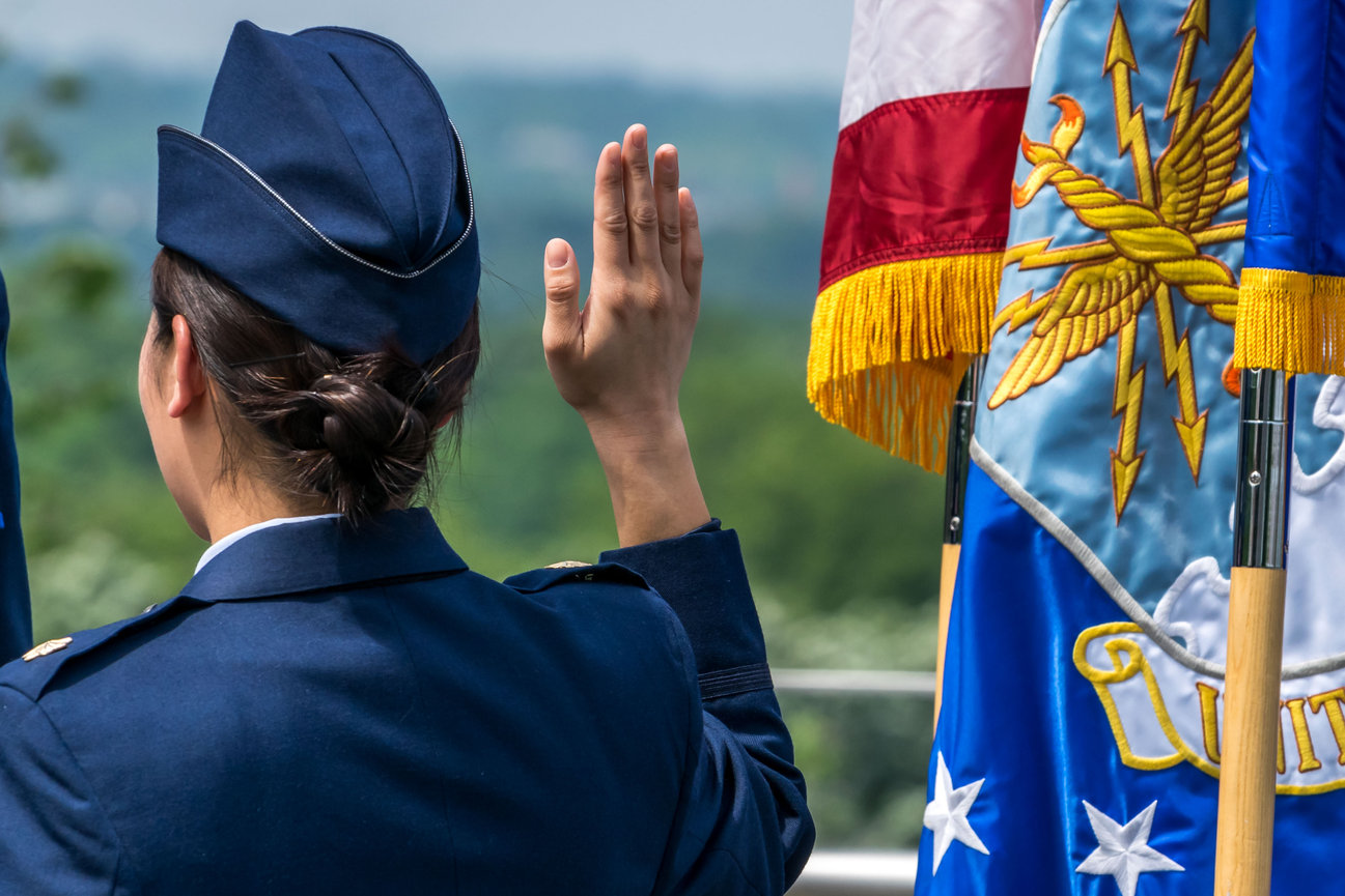 An Air Force Officer reciting the oath of office at her promotion ceremony
