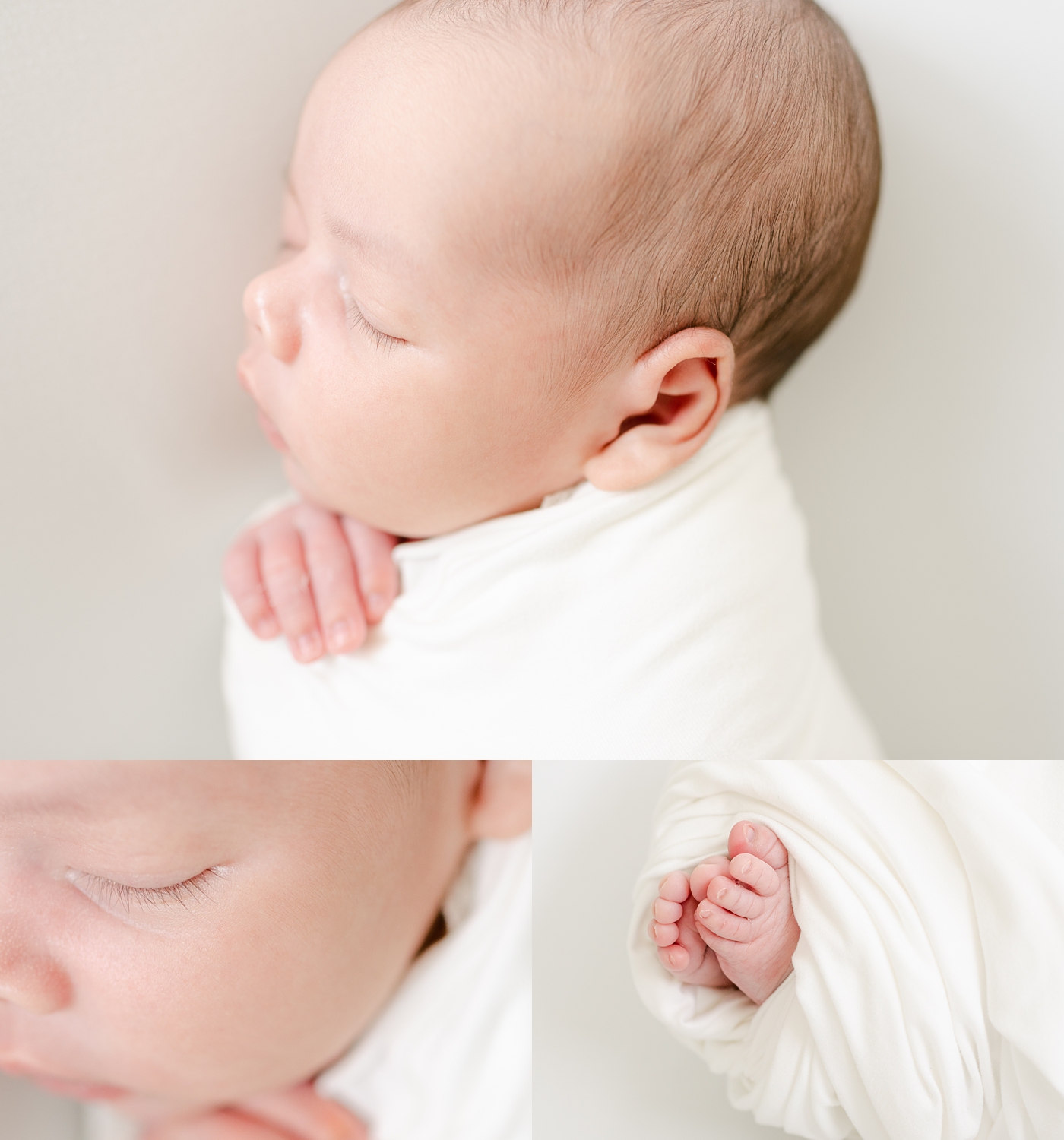 newborn baby boy wrapped white blanket with detailed series of face