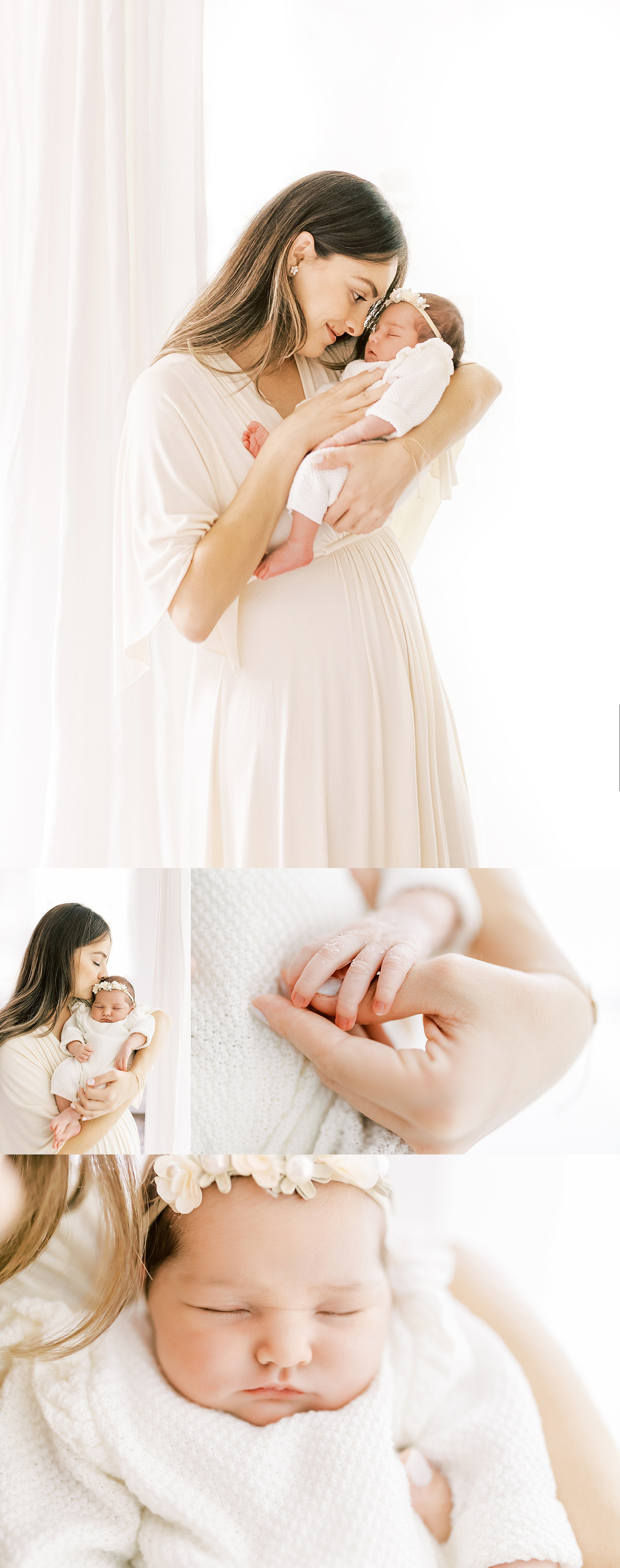  collage of images with woman in cream dress holding newborn baby against white sheer curtains on window