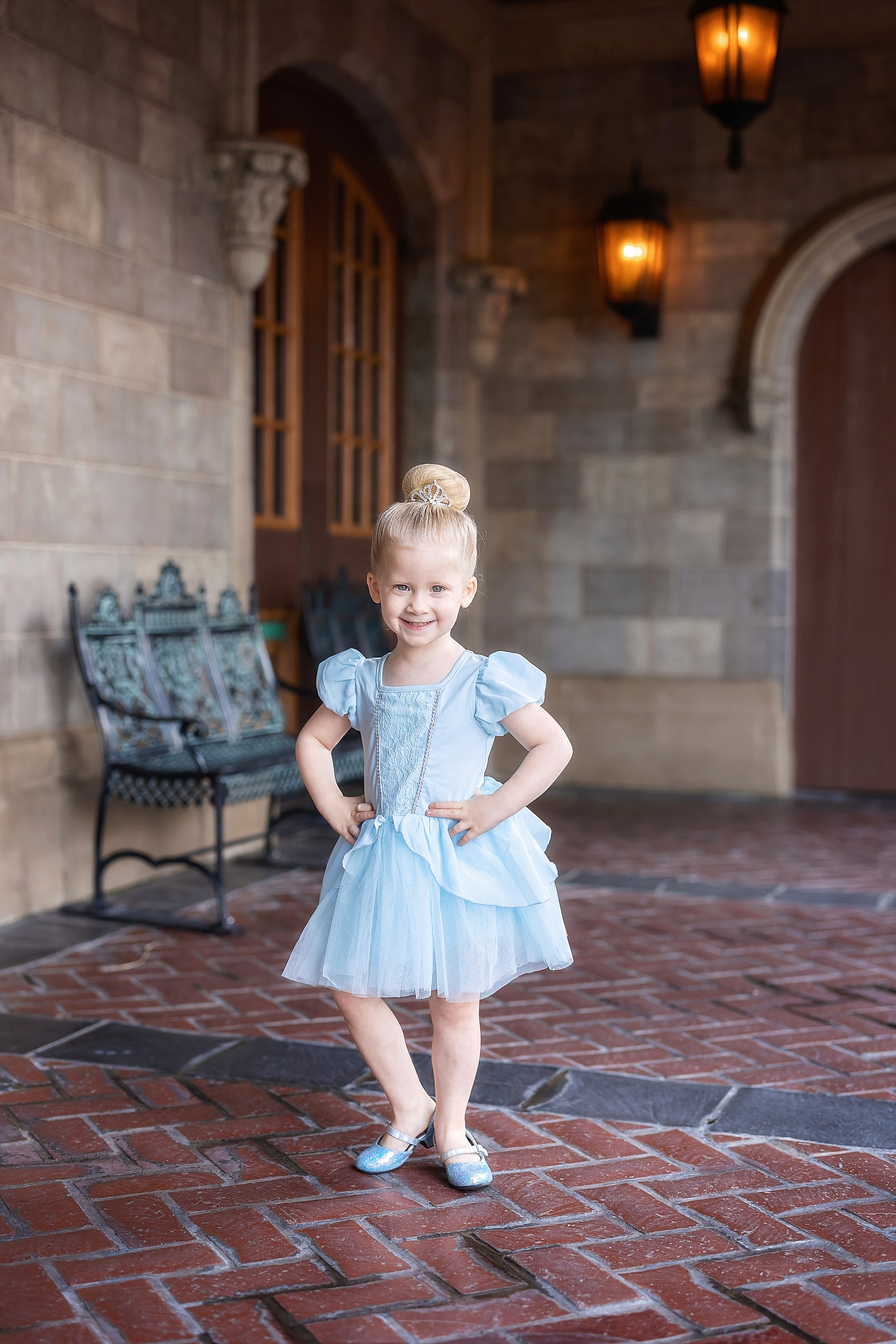 little girl in blue Cinderella dress dancing ballet