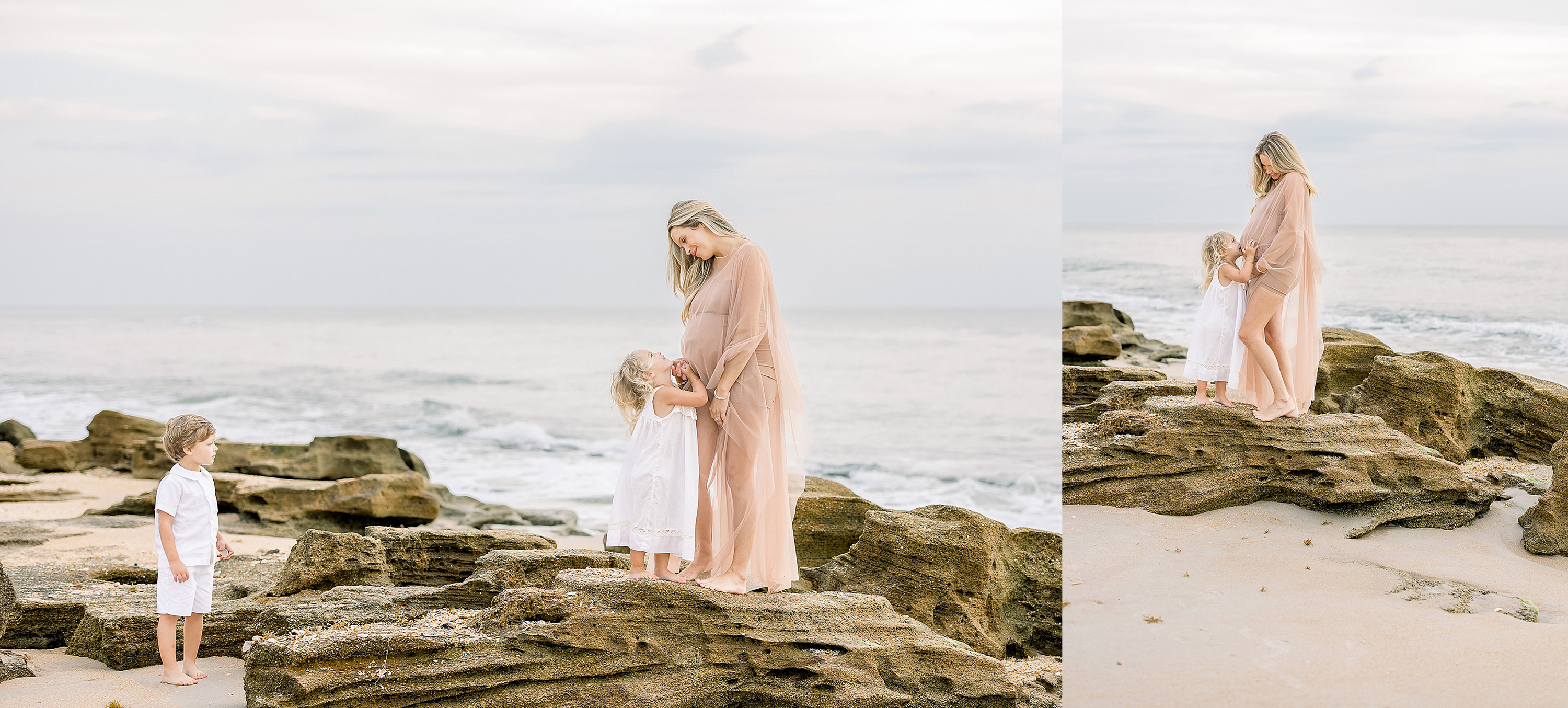 maternity portraits of blond woman in nude sheer dress on the beach at sunrise in Saint Augustine Florida