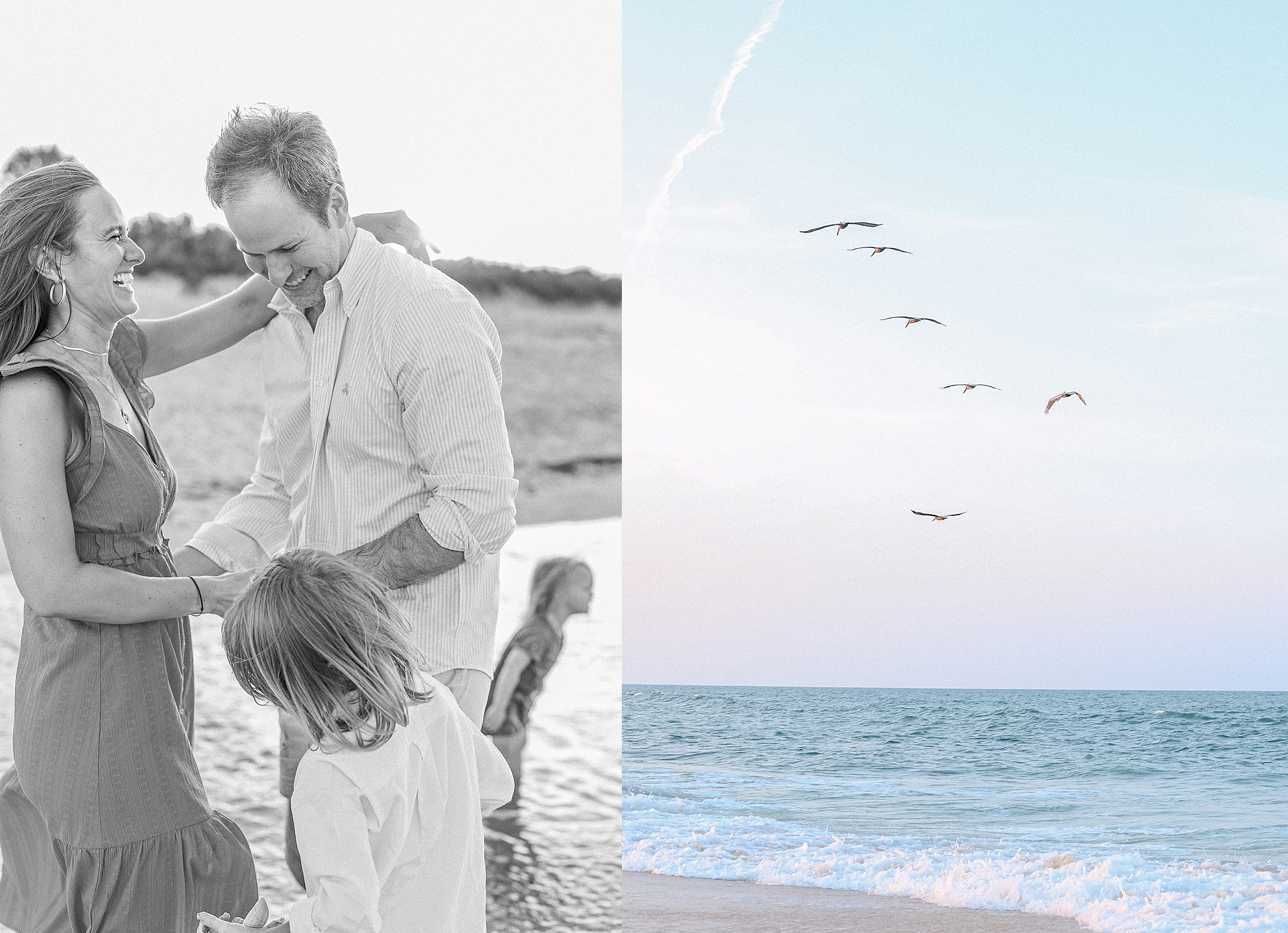 Coastal portrait collage of family laughing together on the beach at sunset in St. Augustine, Florida.