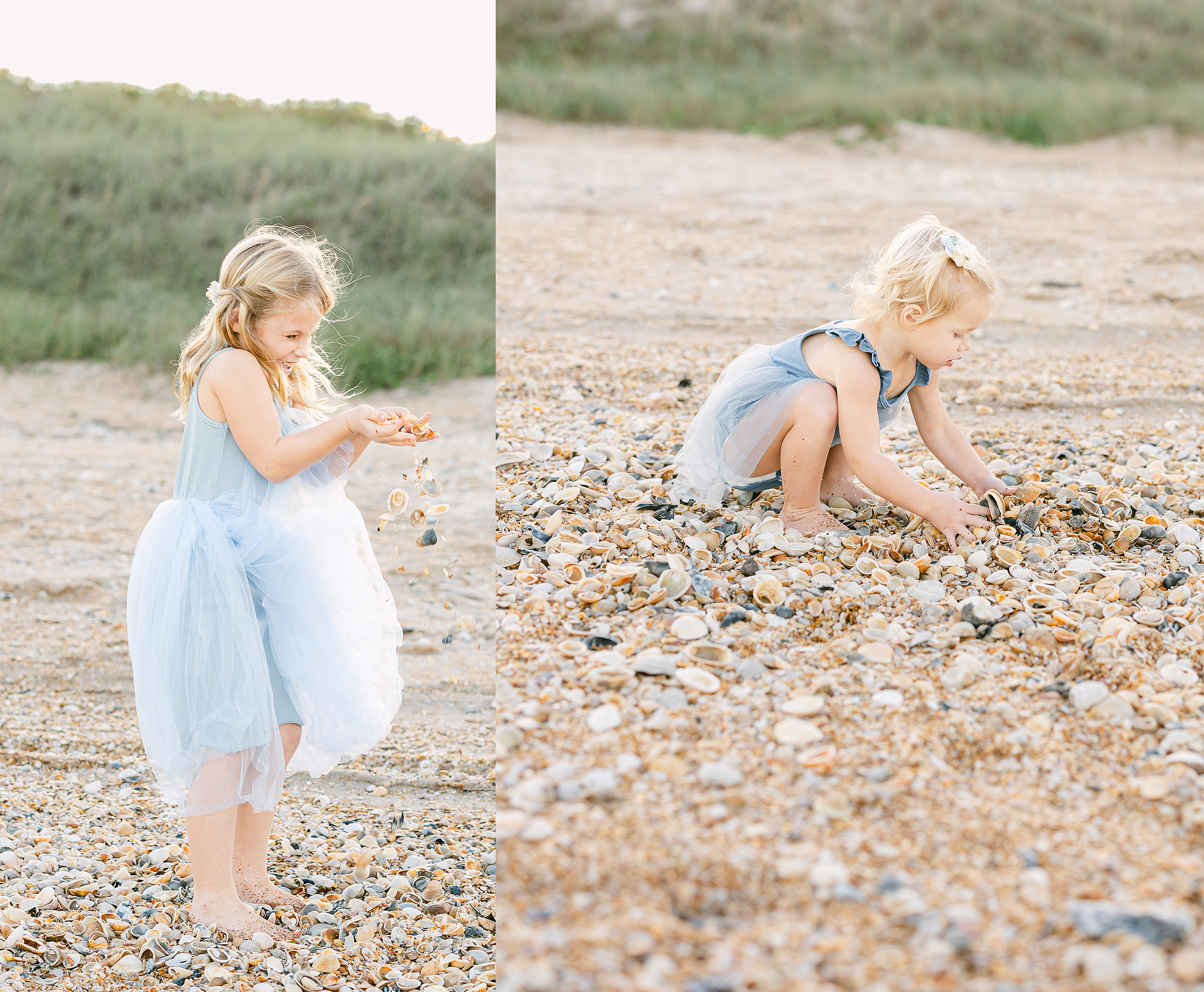 Photos of little girls in pale blue dresses playing with shells on the beach at Guana State Park.