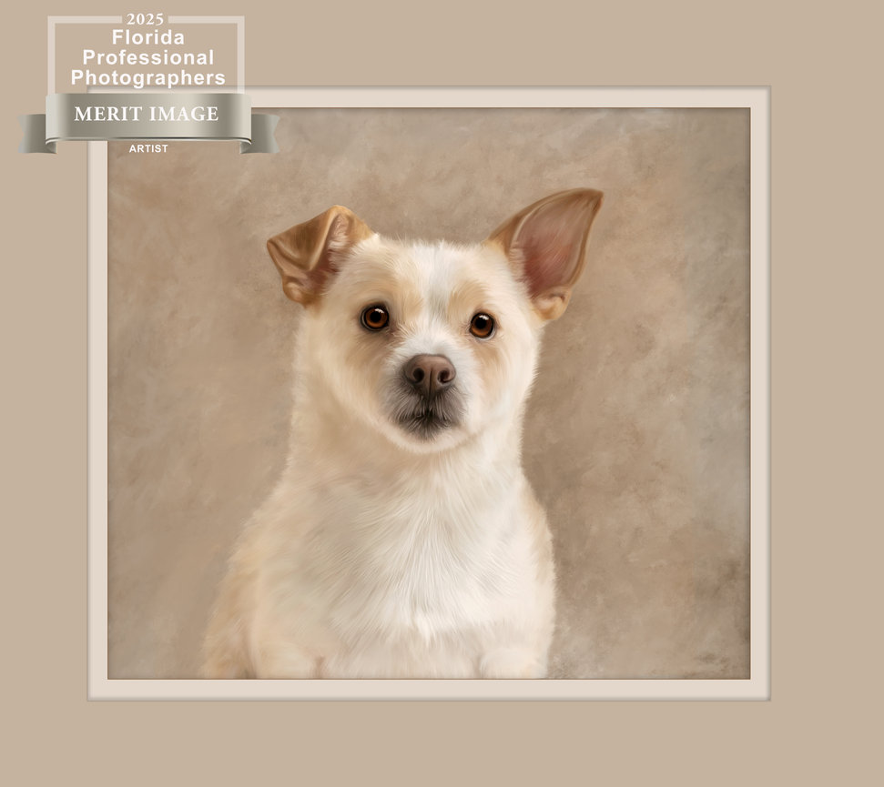 A close-up portrait of a light-colored dog with one ear up, set against a soft, neutral background.