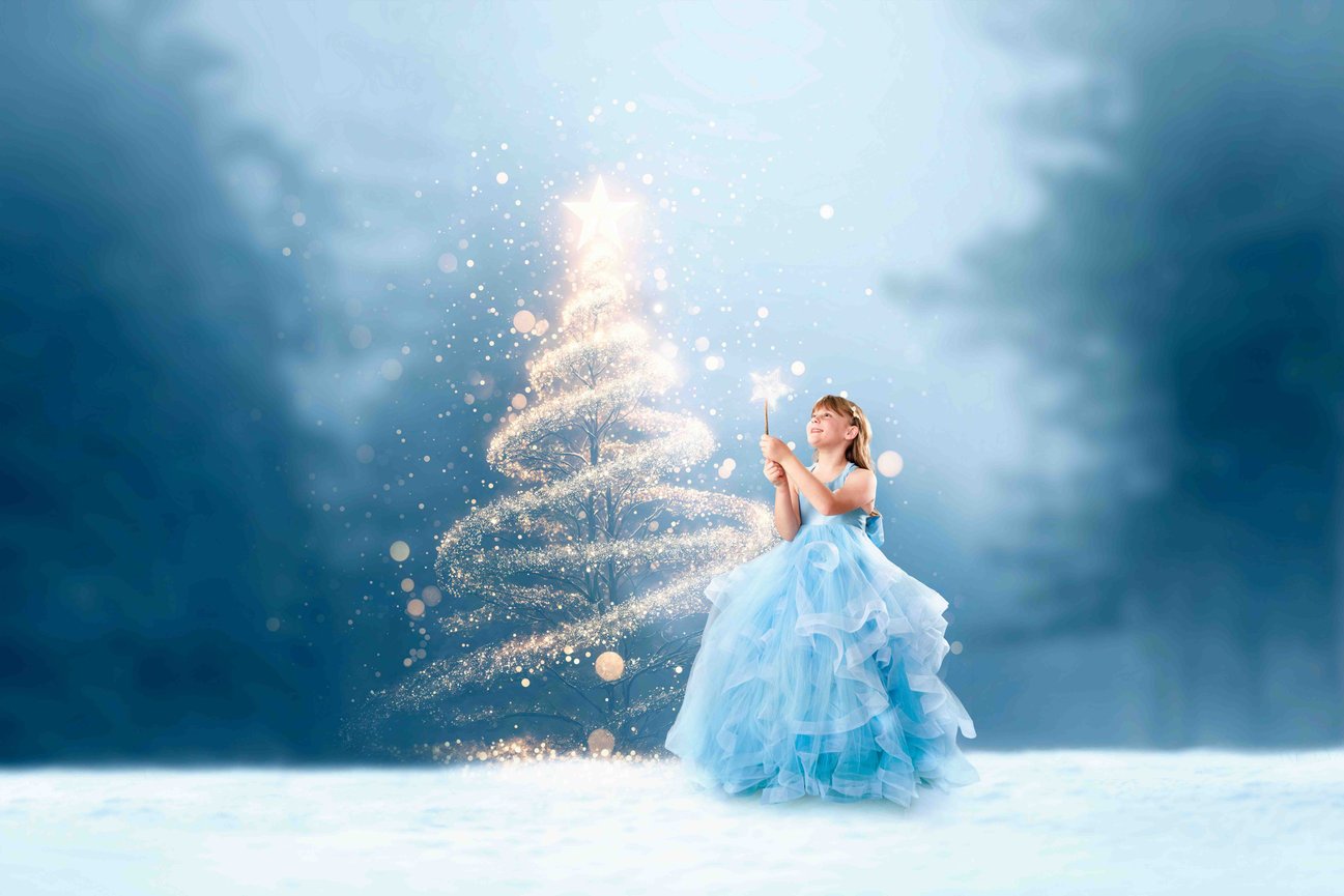 Girl in a blue dress holding a wand beside a glowing magical Christmas tree on a snowy background