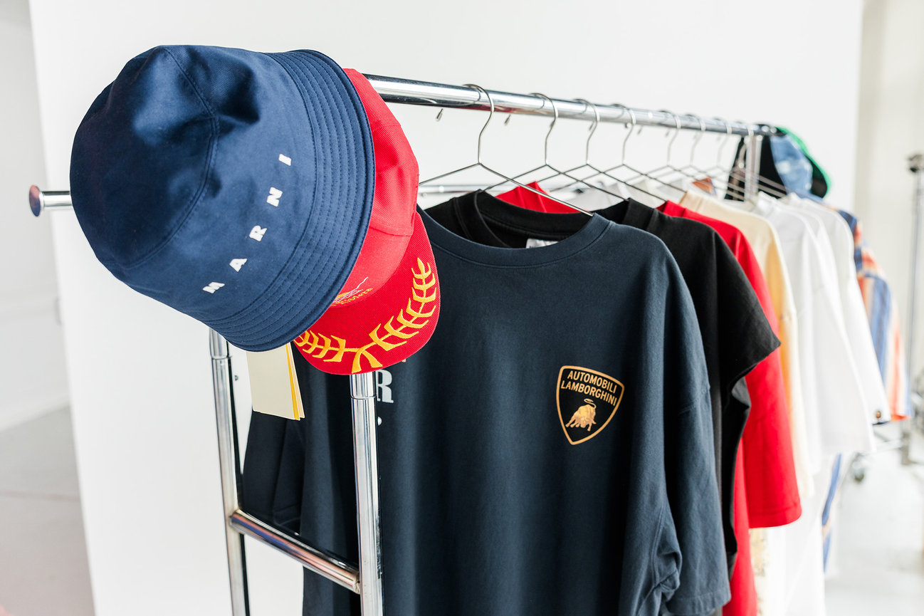 Branded merchandise product photography, clothing rack detail, New Albany Ohio branding photography