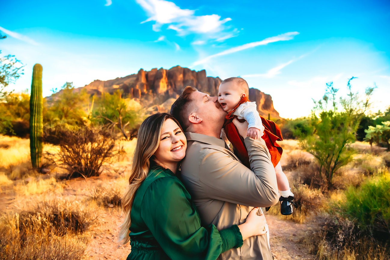 Desert family photography with toddler at Lost Dutchman State park, landmark beauty in Arizona
