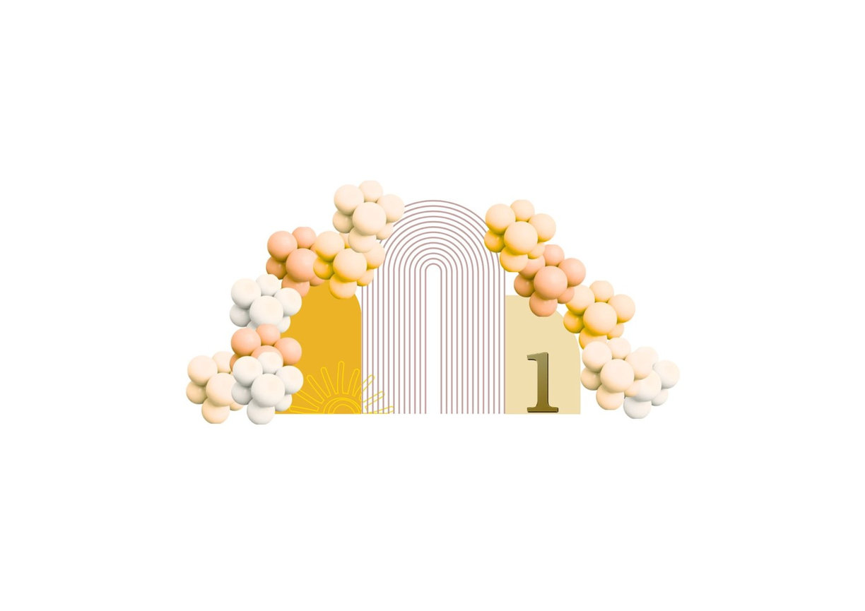 Digital concept for a yellow first birthday set with arches, balloons, and a sun
