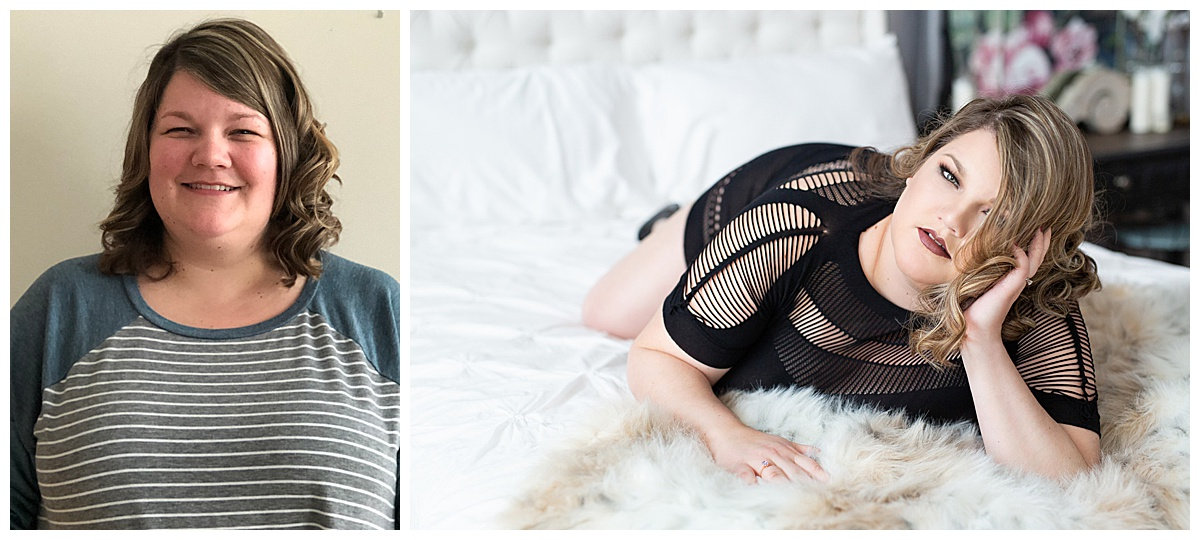 Split image: left shows a person smiling in a casual outfit; right shows the same person posing on a bed in a black outfit.
