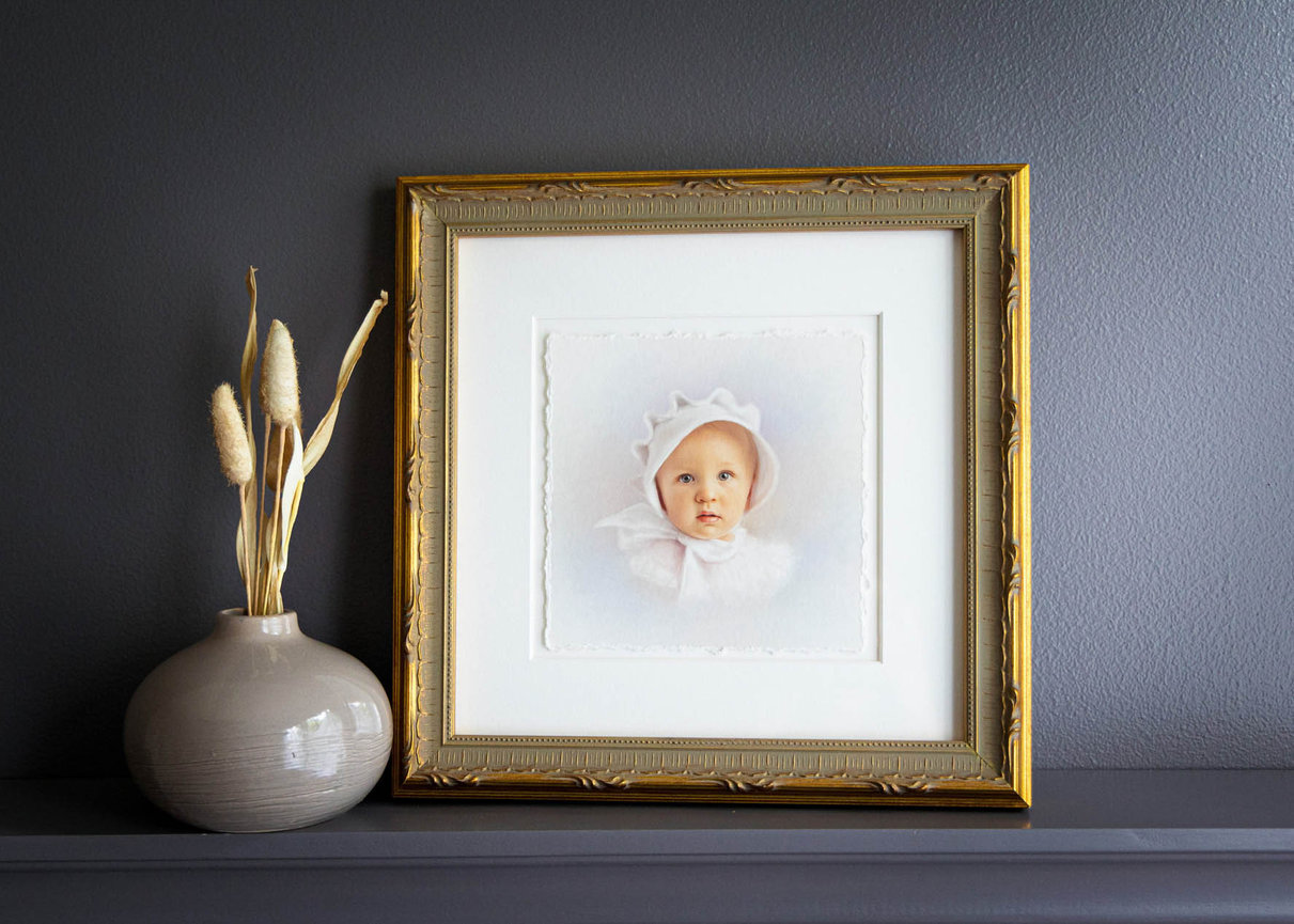 Light-filled heirloom pastel of a young girl, ideal for framed wall art or gifts.