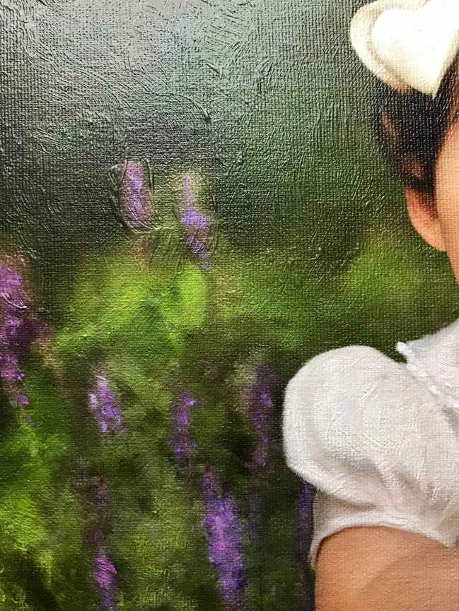 Painterly outdoor oil portrait with hand applied brushstrokes