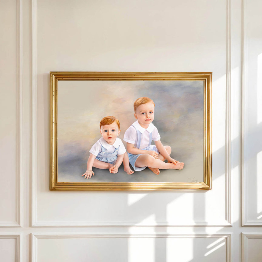 Heirloom studio oil painting of two children in classic formal attire