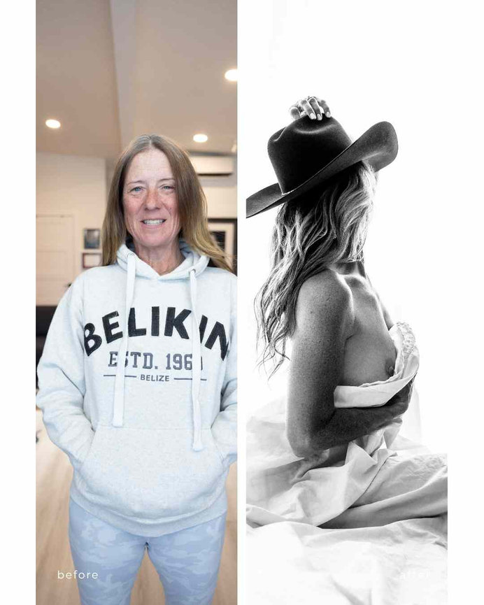 before and after photo of a confident 40+ woman wearing only a cowboy hat and white sheet, Calgary boudoir studio