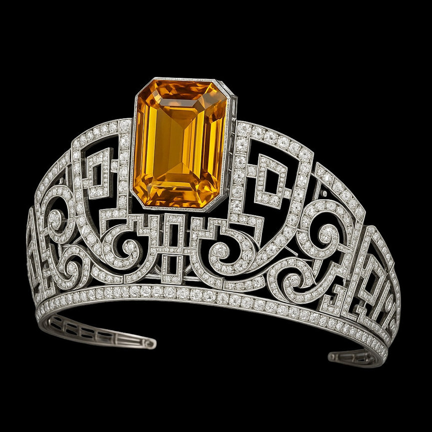 Art Deco-style tiara in platinum featuring an emerald-cut citrine centerpiece surrounded by intricate geometric patterns set with pavé diamonds, against a black background.