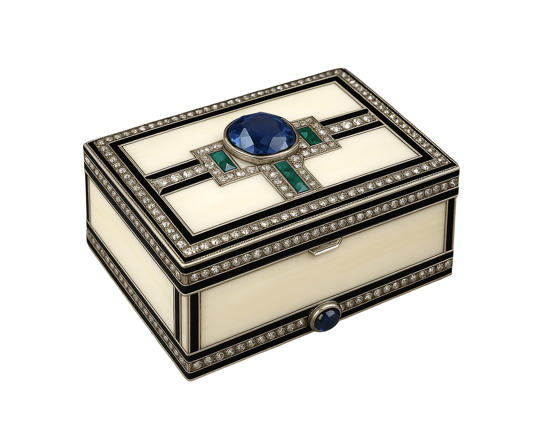 a vanity case with ivory, mother of pearl, one faceted sapphire, calbre-cut, and sapphire cabochon with buff top calbre-cut emeralds, rose-cut diamonds with black and cream enamel in the Cartier Art Deco style