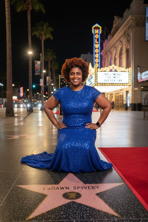 AI-generated Hollywood Walk of Fame–style portrait featuring a woman in a blue gown posing on a star with a personalized name, created by an AI photo booth in Cincinnati