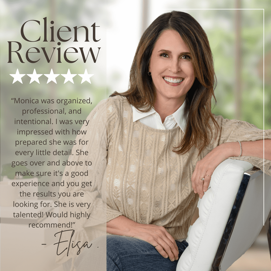 Smiling woman sitting on chair with a five-star client review overlay praising her professionalism and talent.