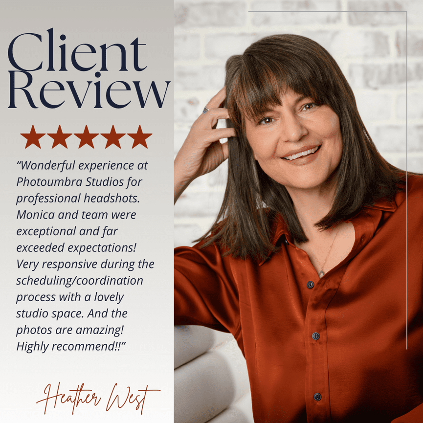 Woman smiling in a red blouse, text overlay gives a positive client review with five stars for a studio photoshoot.