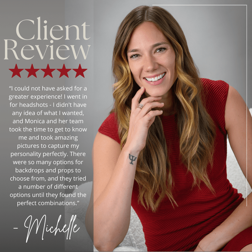 Woman in a red dress smiling, with client review text and five-star rating beside her.