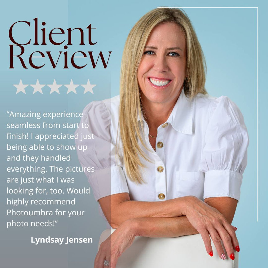 Smiling woman sitting, client review text overlay praising Photoumbra services.