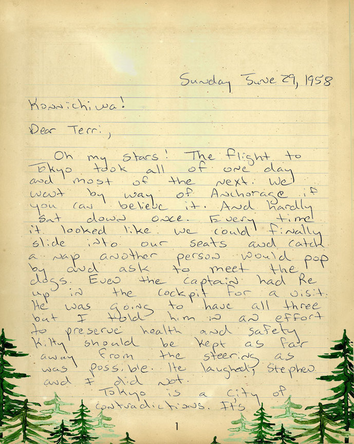 Page one of Katharine’s handwritten letter home from Tokyo during the Floofy Newfie World Tour in Japan.