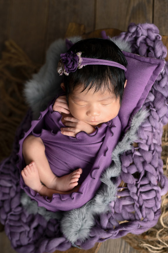 A newborn baby sleeps peacefully, wrapped in a purple blanket with ruffled edges. The baby wears a headband adorned with a purple flower, resting on a textured, fur-lined blanket. This cozy setting evokes the gentle charm of Trout Valley in Illinois.