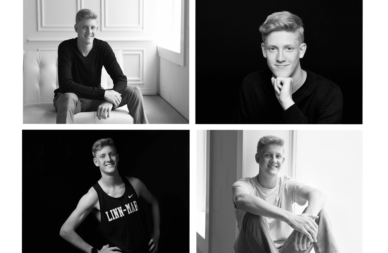 A black and white collage of high school senior Owen during his photo session at Kliks Photography.