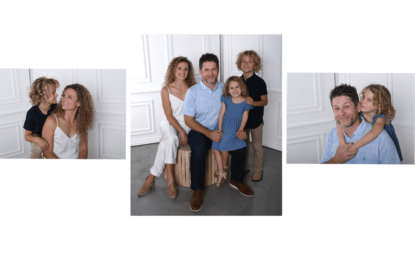 A mom, dad, and their daughter and son being themselves in front of the camera at Kliks Photography. .