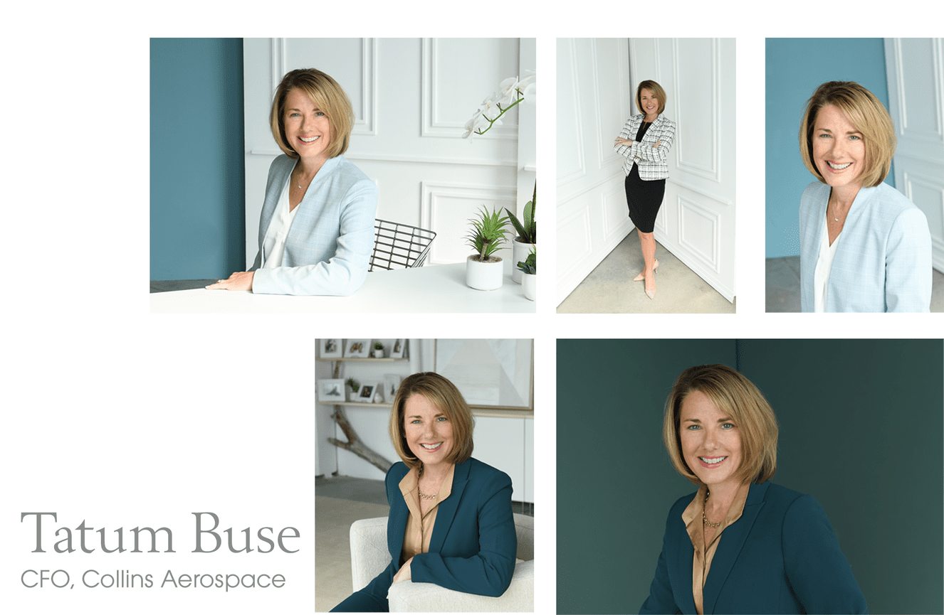 A collage of Collins Aerospace's CFO, Tatum, posing for images to use for announcements and company newsletters.