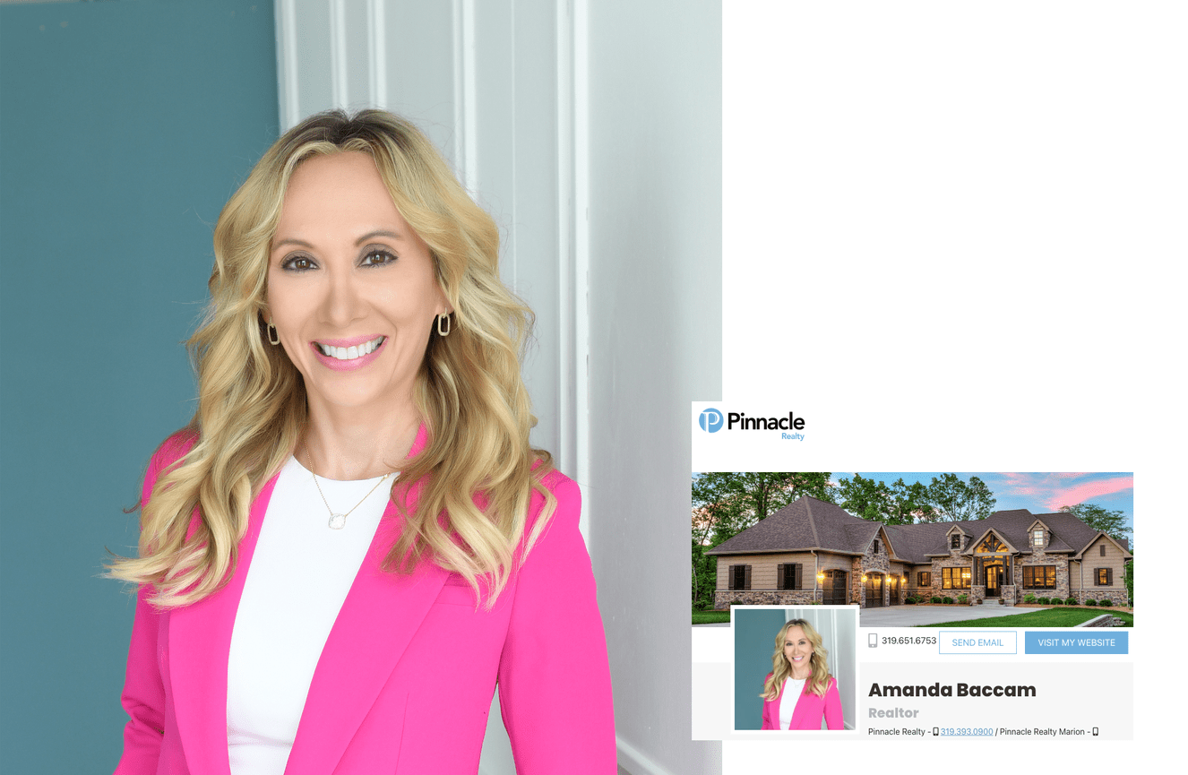 Realtor Amanda Baccam is all smiles wearing her fuchsia jacket for her professional headshot.