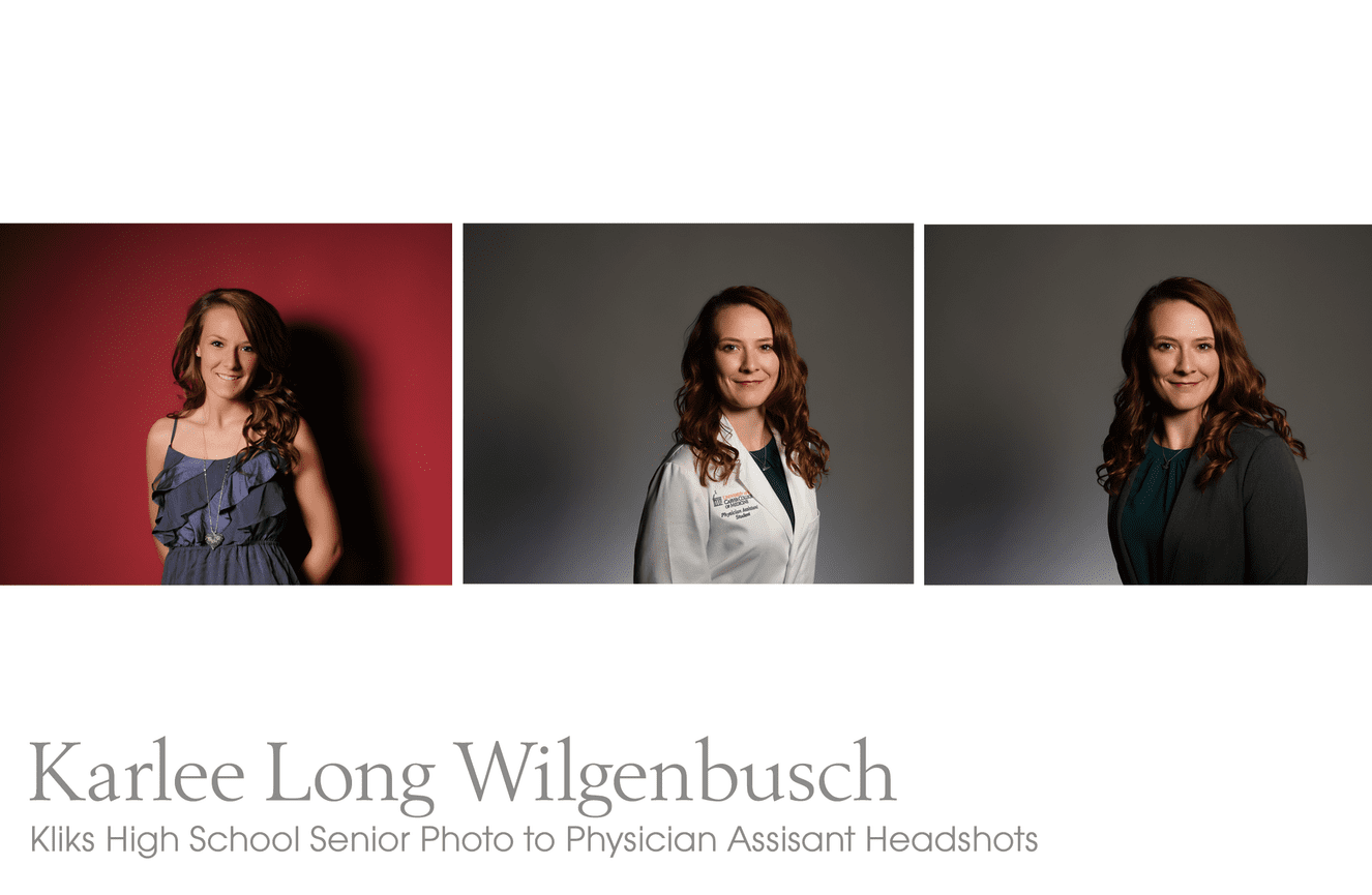 A high school senior photo and then physician assistant professional photo of gal taken by Kliks Photography.