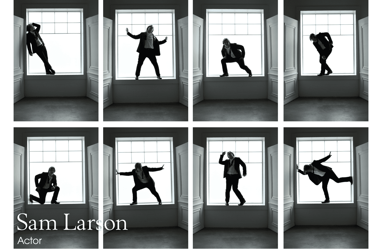 Theater of Cedar Rapids actor, Sam, striking many theatric poses in a window sill..