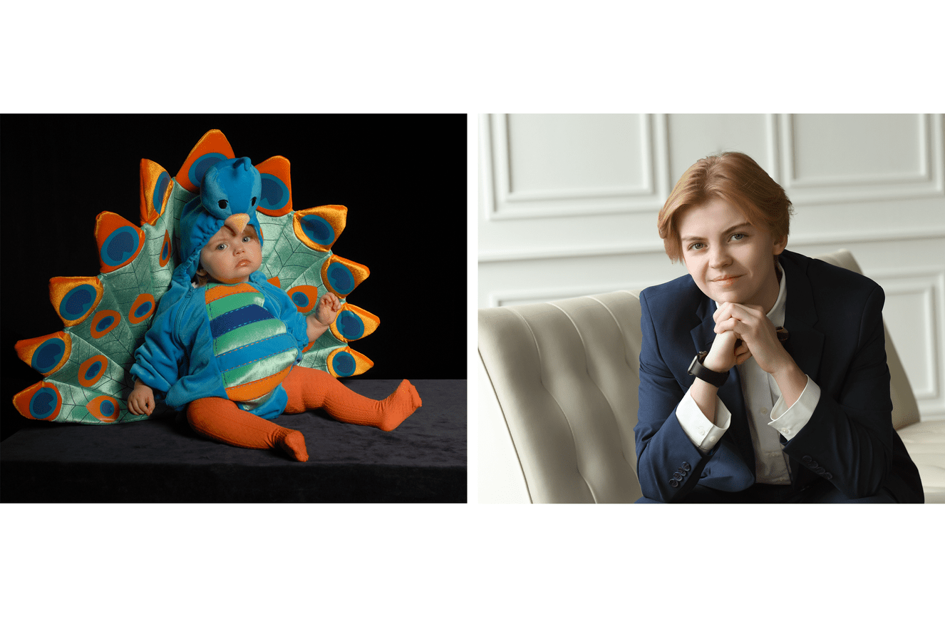 Piper when she was a baby wearing a butterfly Halloween custom and now in a suit as a high school senior.