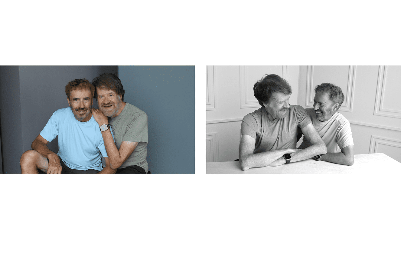 John Schwartzkopf and his husband Tom Sidebottom with a celebrate their wedding anniversary in the Kliks Photography studio in Cedar Rapids Iowa.