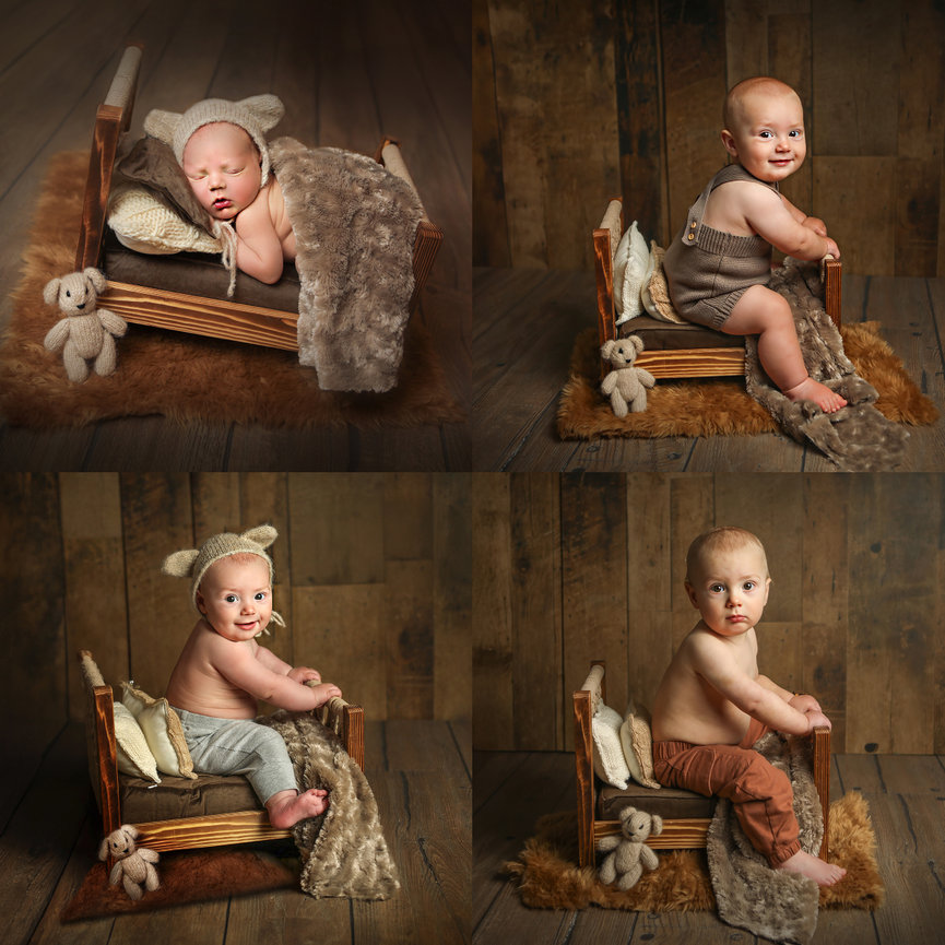 Four images of a baby first year on a small wooden bed with a teddy bear and blankets.